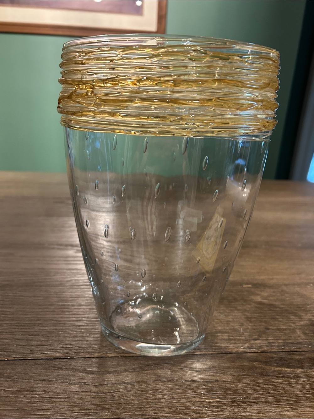 Antique H C Fry controlled bubble vase amber glass thread wrap 9 1/2” tall READ